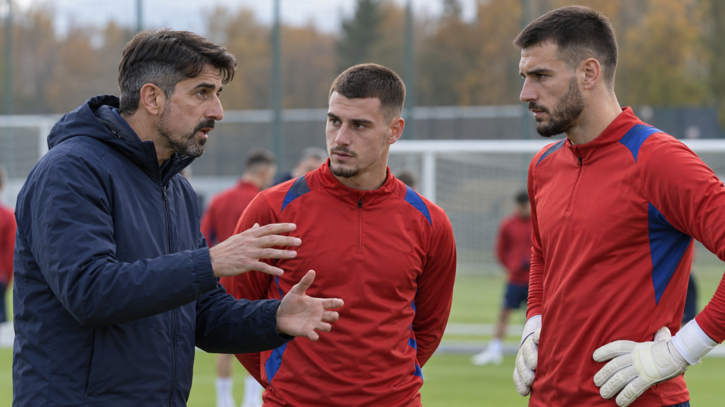 AI ilustracija: Veljko Paunović razgovara sa igračem i golmanom Srbije