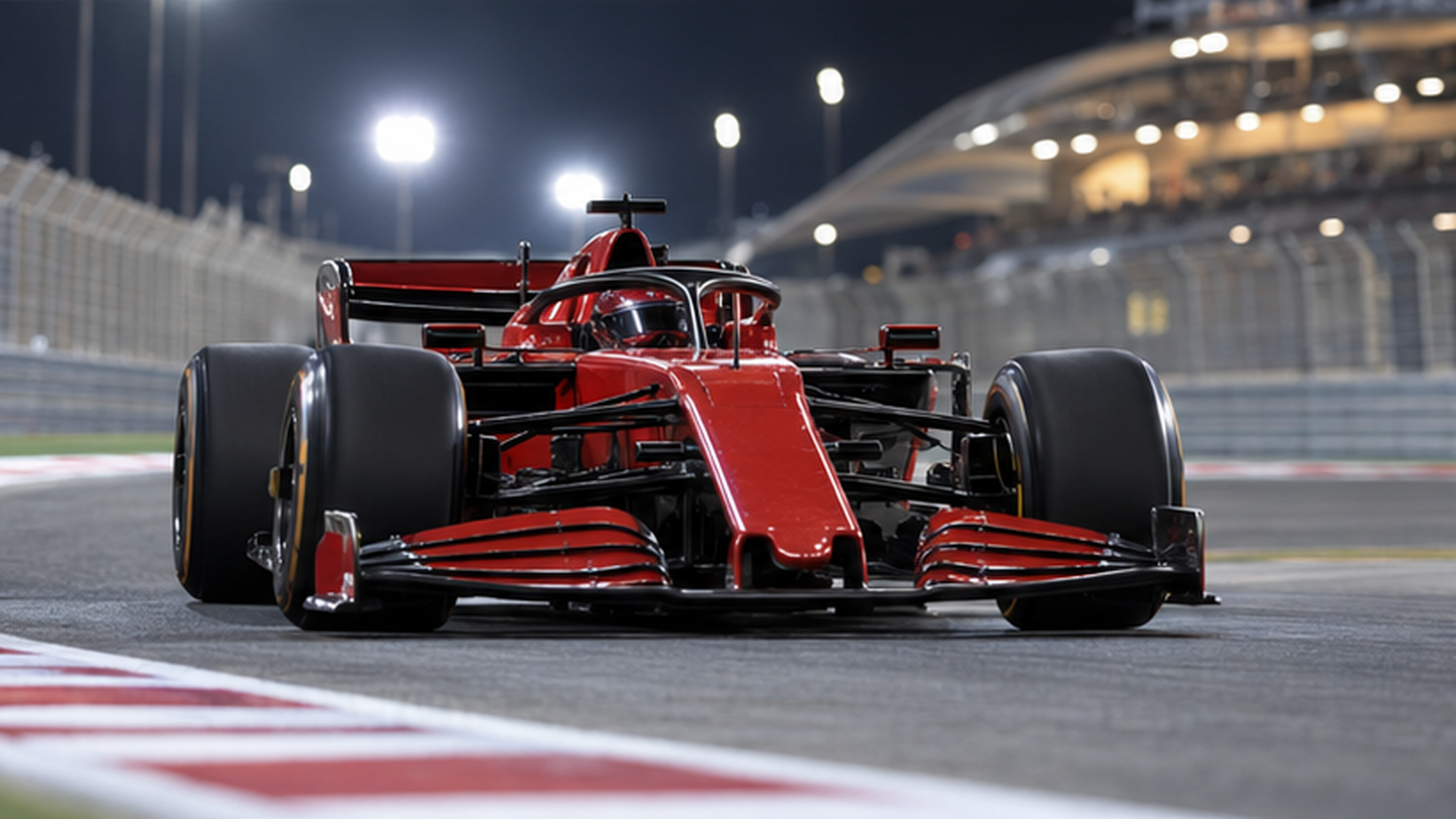 AI ilustracija: crveni bolid Formule 1 na noćnoj stazi