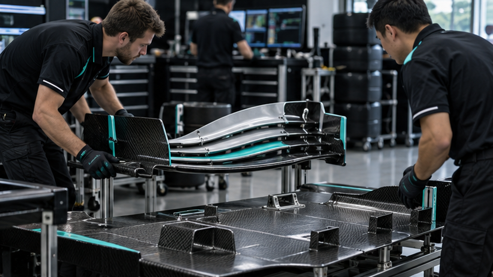 Ilustracija Formule 1: mehaničari rade na trkačkom automobilu.
