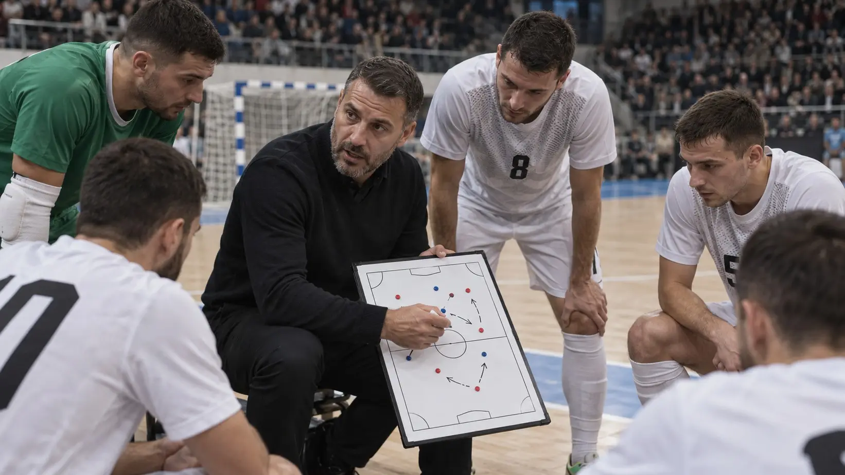 Trener objašnjava plan tokom futsal tajm-auta