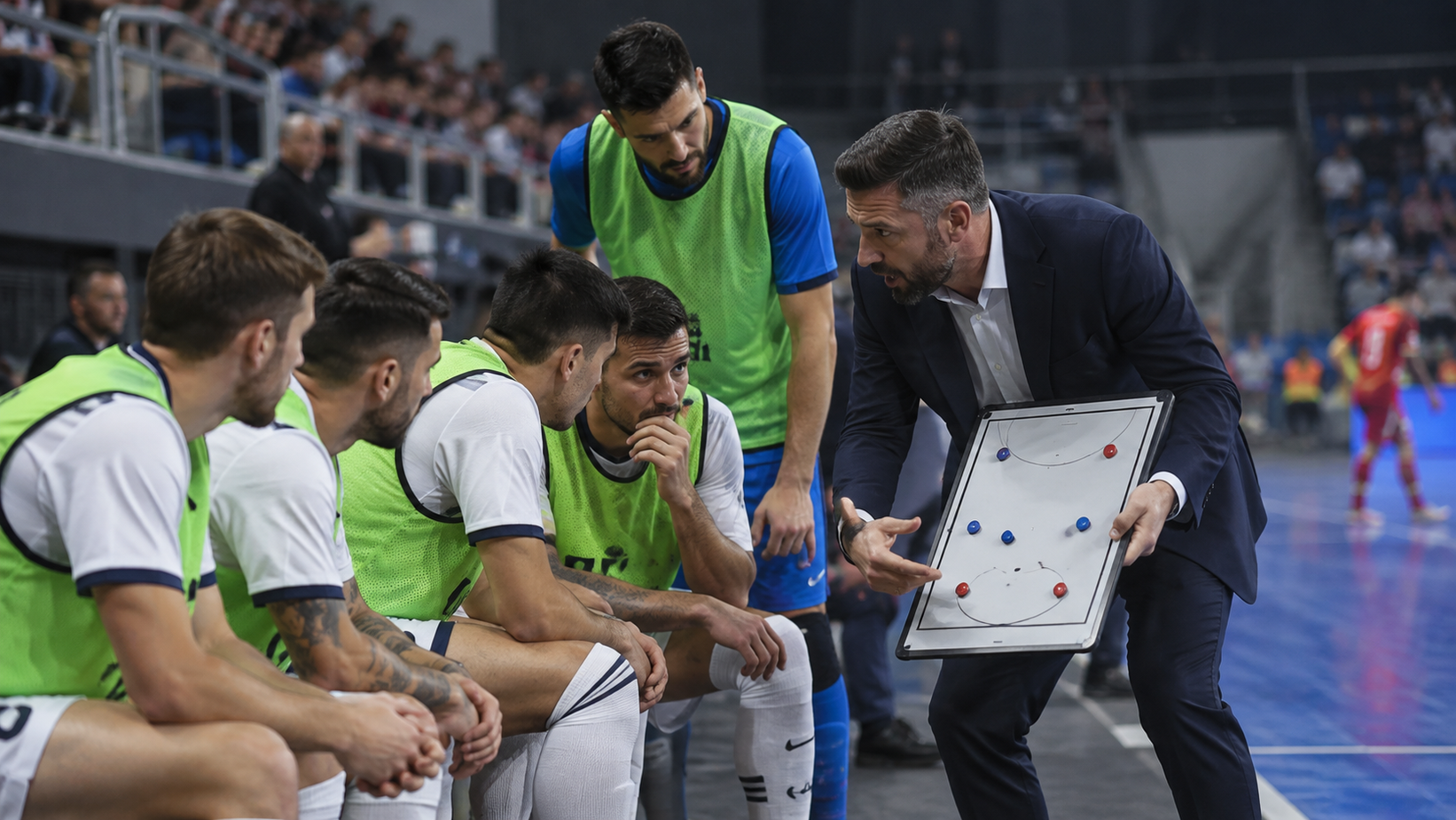 Trener futsala objašnjava presing igračima