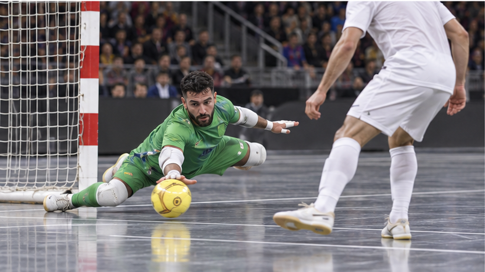 Ilustracija futsala: futsal golman brani prostor ispred gola.