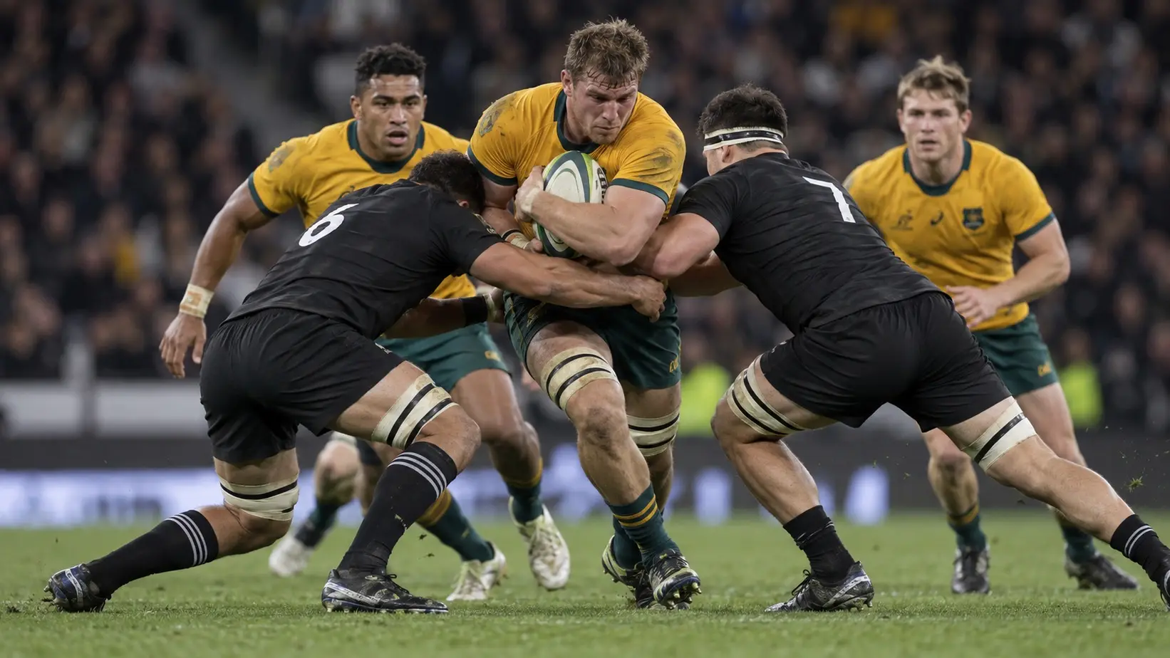 Australijski ragbista nosi loptu kroz kontakt