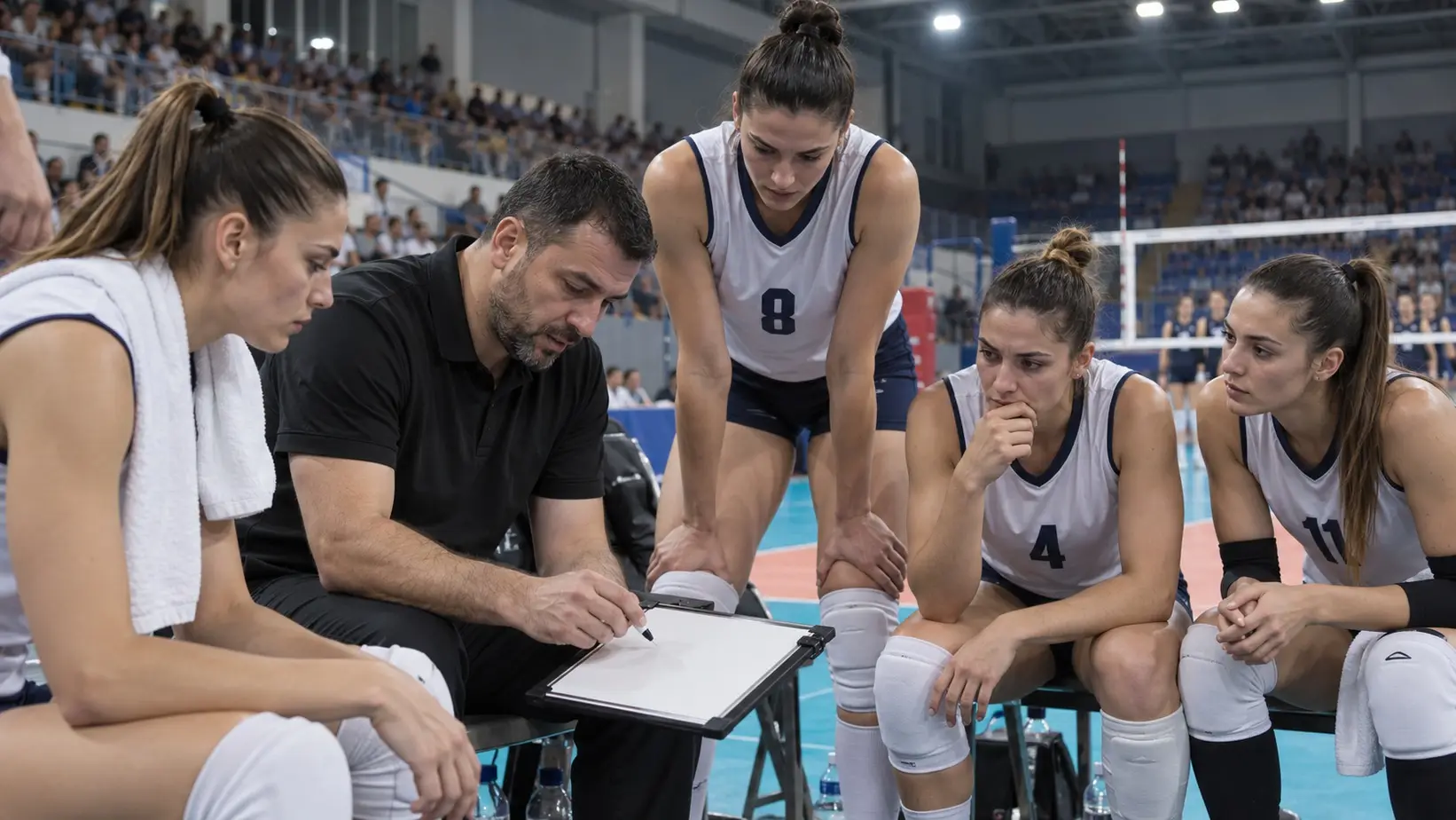 Odbojkašice slušaju taktički plan tokom tajm-auta